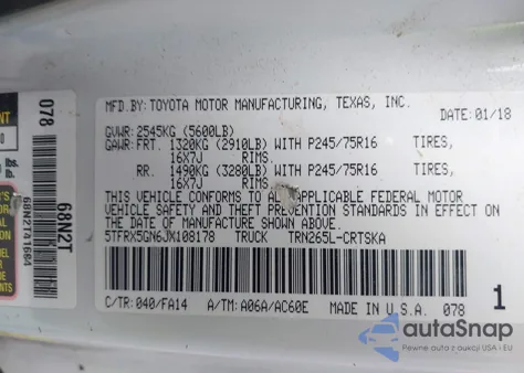 2018 Toyota Tacoma Sr from USA, damaged, VIN 5TFRX5GN6JX108178